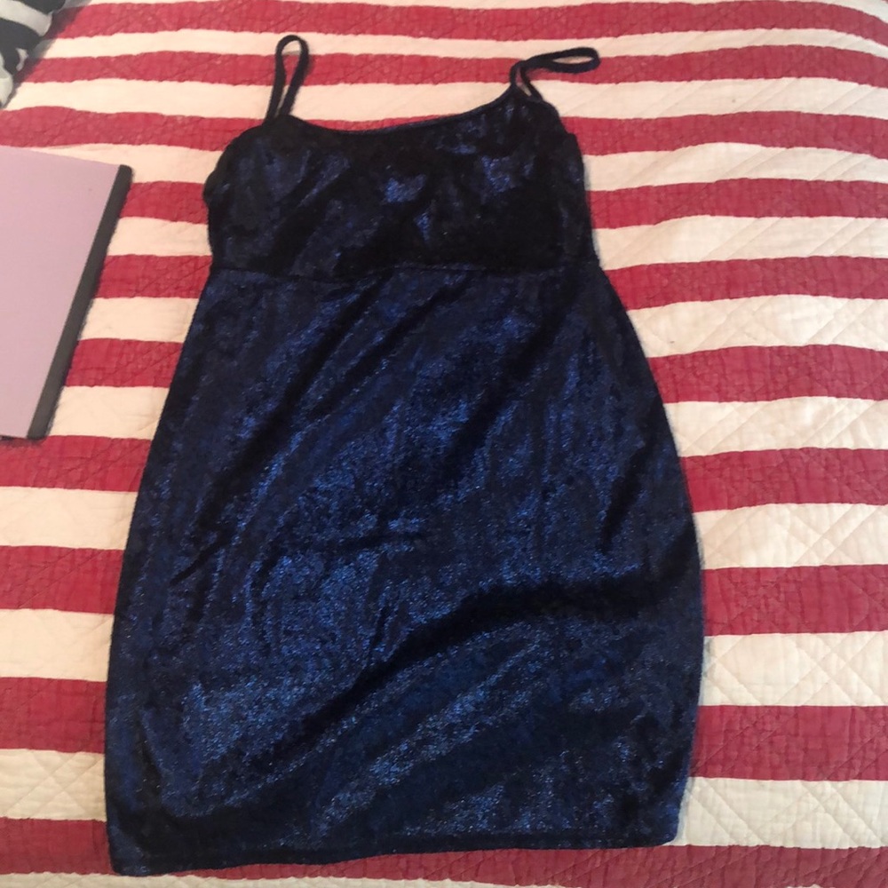 Blue Metallic Tie back dress